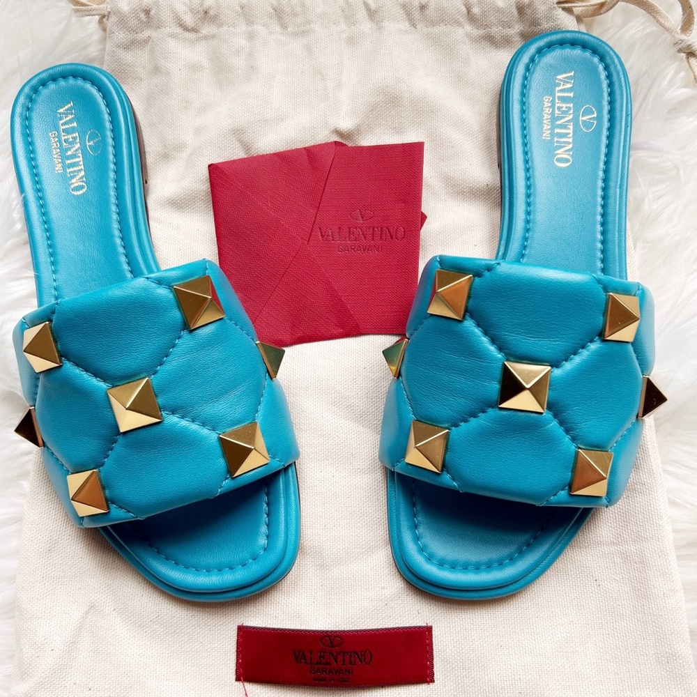 Valentino Garavani ROMAN STUD FLAT SLIDE SANDAL In Quilted Nappa  36.5